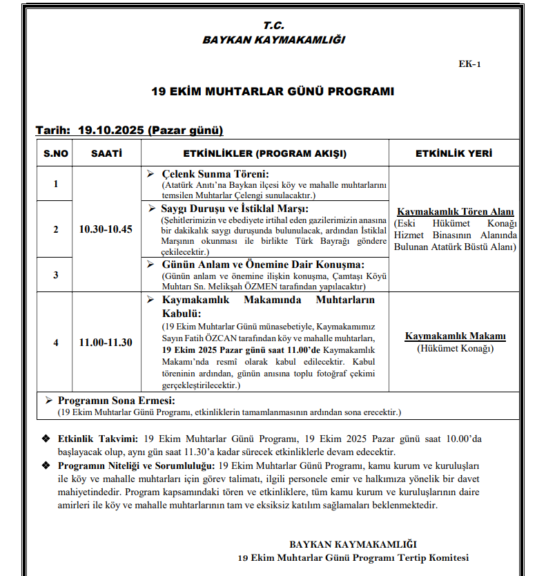 Siirt Baykan’da 19 Ekim Muhtarlar Günü Programı Düzenlenecek