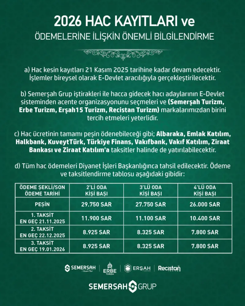 Semerşah Turizm’den 2026 Hac Kayıtları ve Ödemelerine İlişkin Önemli Bilgilendirme