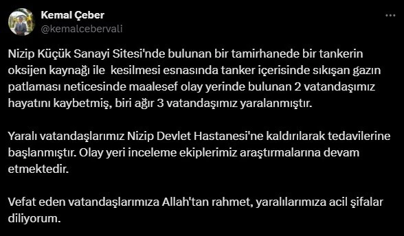 Vali Kemal Çeber’den Gaziantep’teki patlama ile ilgili açıklama
